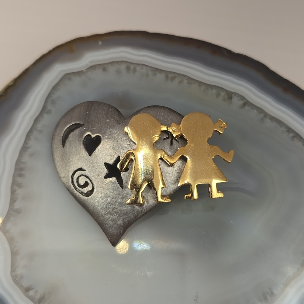 Ultra Craft Silvertone Heart With Goldtone Children Holding Hands Brooch